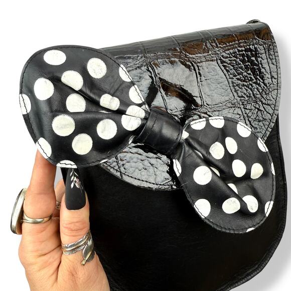 1960's handmade black leather polka dot bow handbag by FREDA ZAPPAN Philadelphia - Picture 7 of 14
